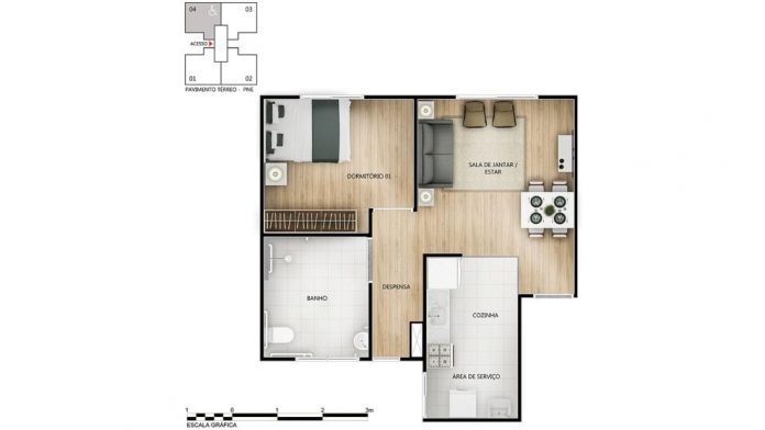 planta baixa do apartamento com 1 quarto